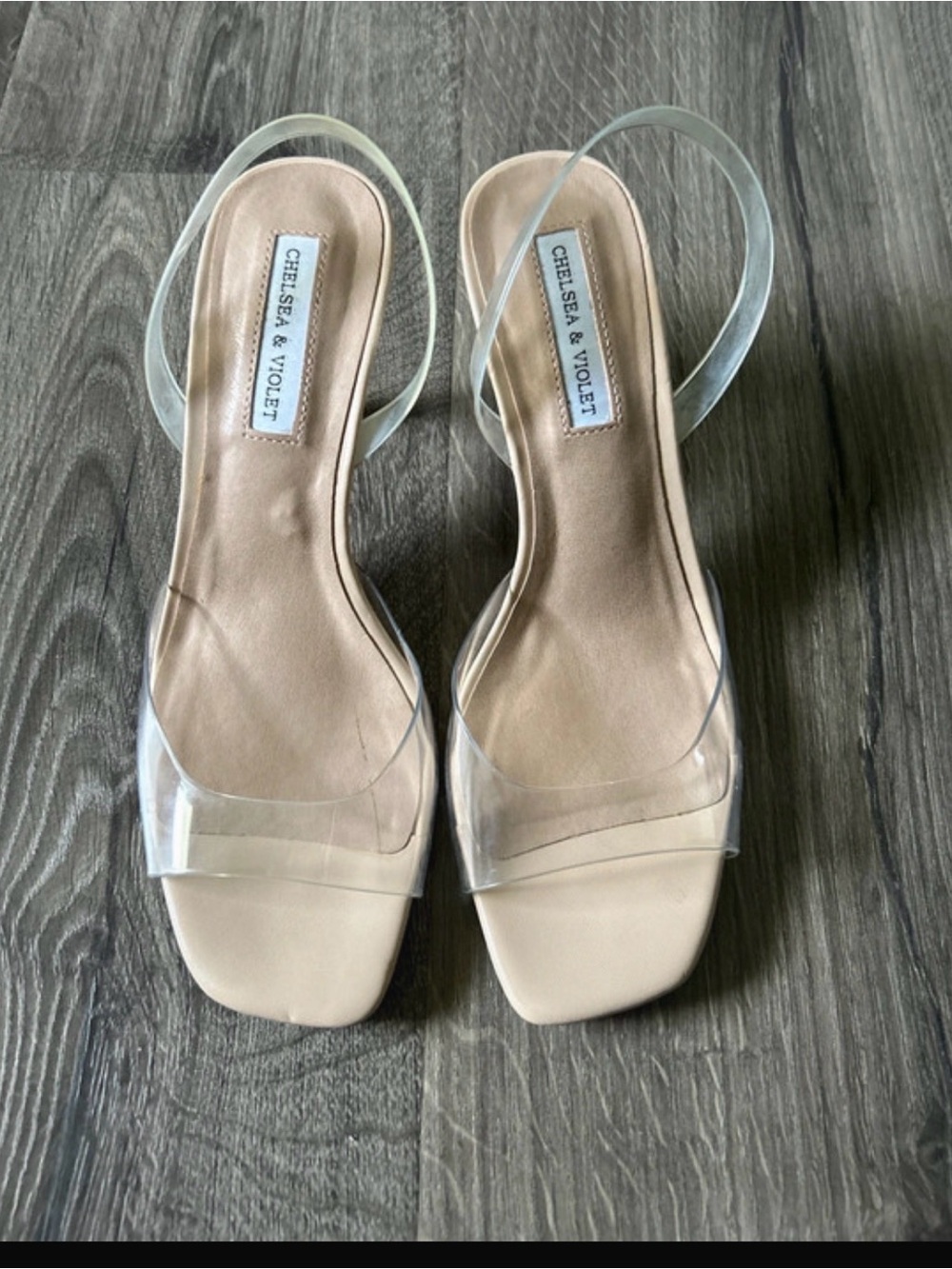 Chelsea & Violet Beige Nude Clear-Strap Block Heel Sandals